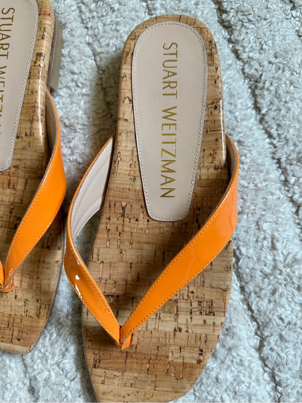 Stuart Weitzman Orange Patent Cork Flip Flops - Picture 2 of 8